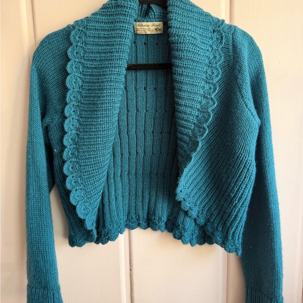 Women's Alpaca Teal Sweater with Scalloped Edges bolero SzM